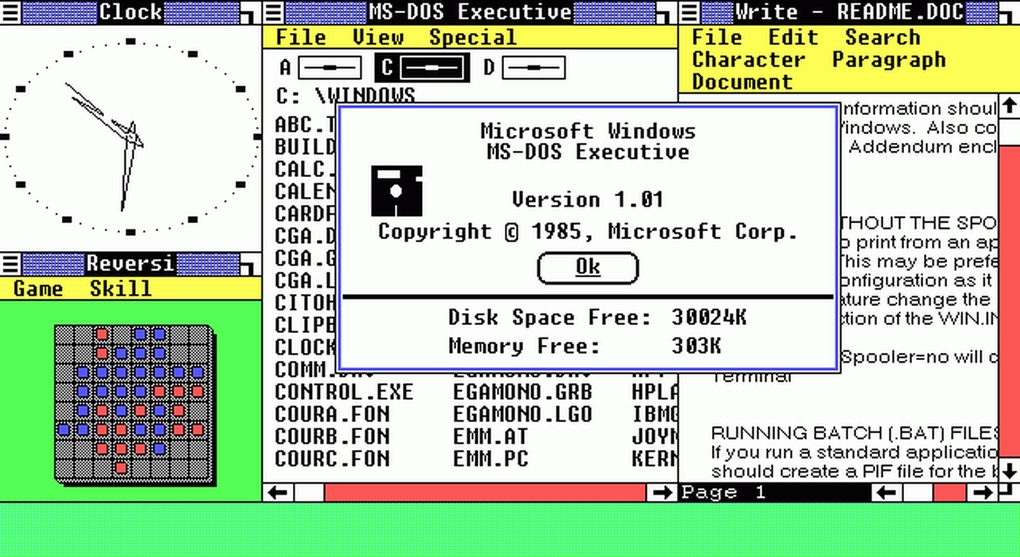 Windows 1.0 (العام 1985) - ويندوز 1.0 كان البداية لإمكانية استخدام الفأرة وتوفير واجهة رسومية في التفاعل مع الحاسوب.