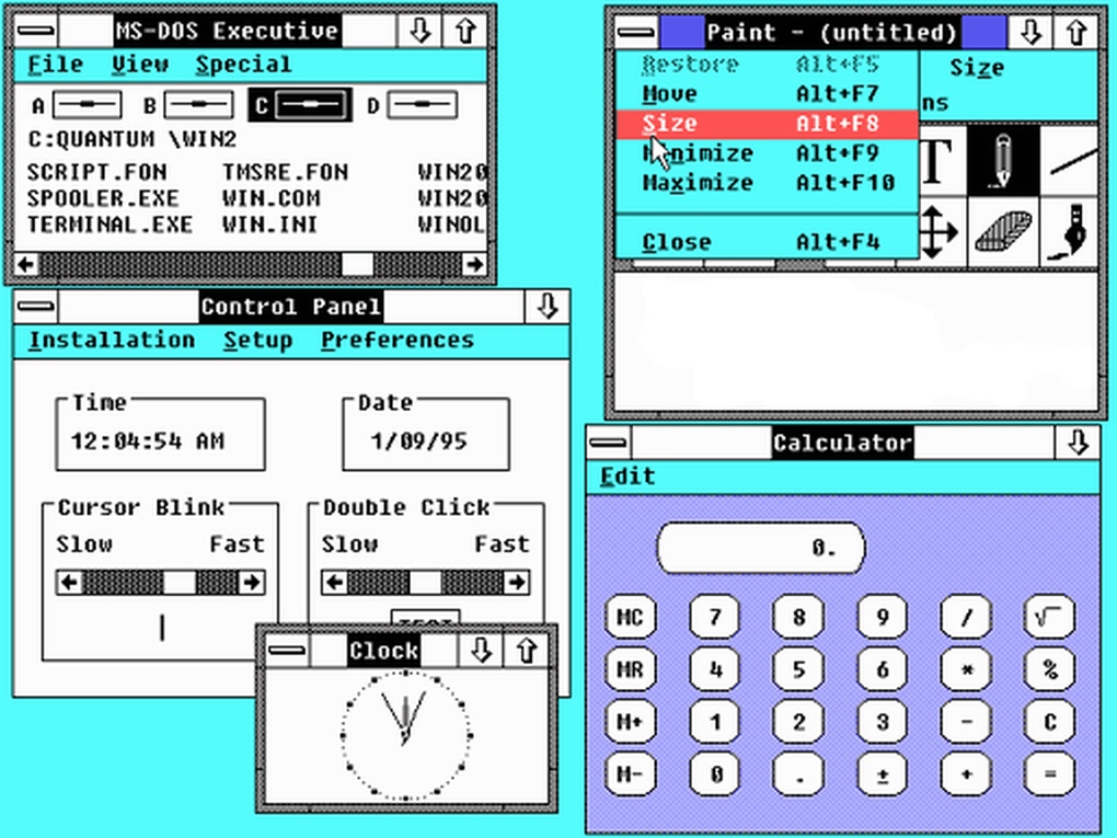 Windows 2.0 (العام 1987) - ويندوز 2.0 كان بداية ظهور تطبيقات أوفيس Word و Excel.