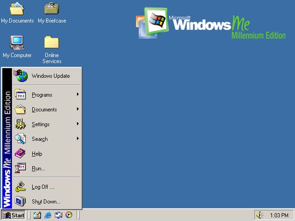 Windows ME (العام 2000) - في ويندوز ميلينيوم، ركزت مايكروسوفت أكثر على تحسين تجربة الملتي ميديا والوسائط الرقمية .. حيث كان أول ظهور لبرنامج Movie Maker في هذا الإصدار من ويندوز .. إلا أن هذا الإصدار عانى من مشاكل عدم الاستقرار.